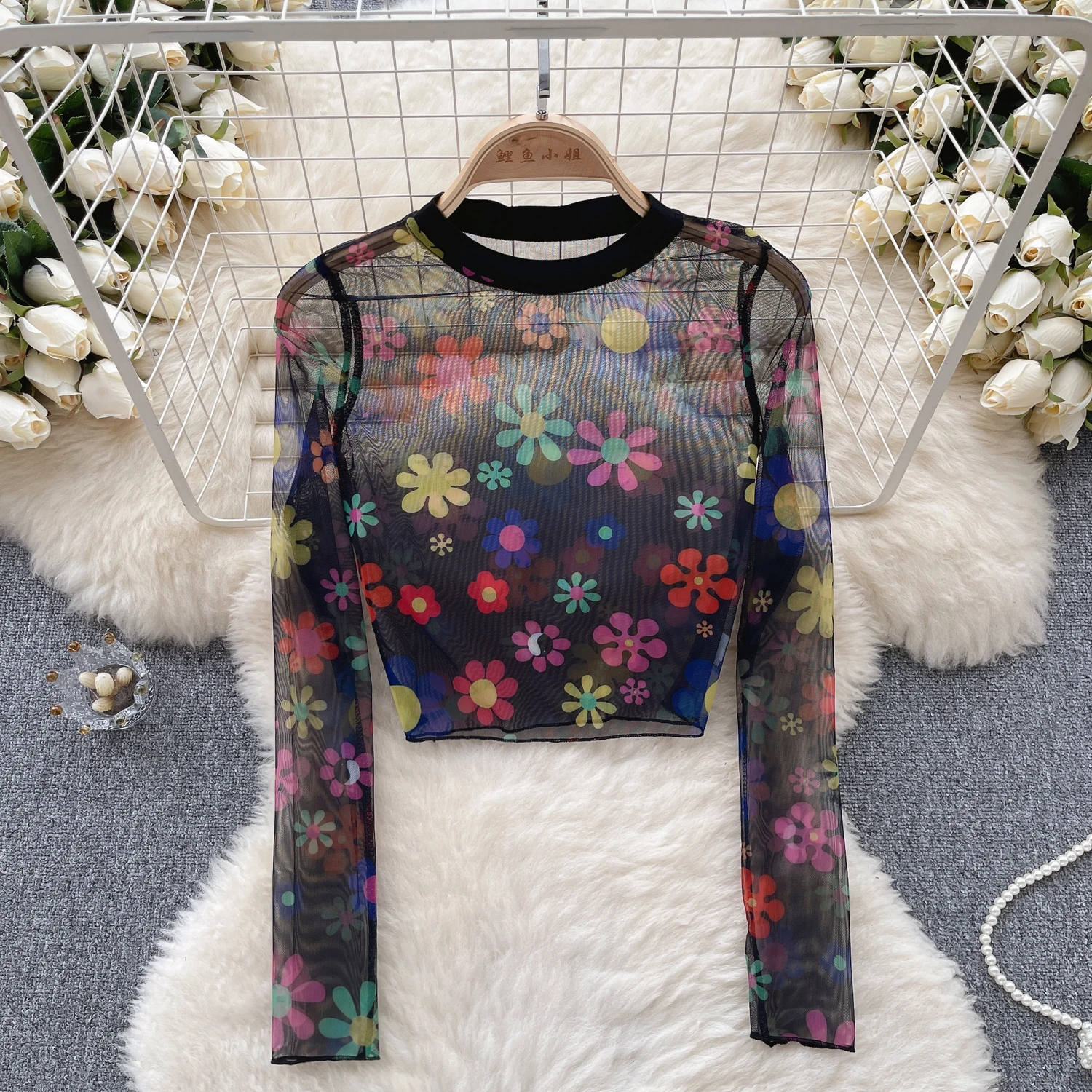 

Vintage Print Gauze Long Sleeve T Shirt Casual Slim Sexy Tshirt Chic Thin Tees Women Harajuku Streetwear Fashion Crop Top