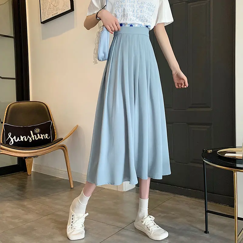 

Retro Solid Fashion Harajuku High Waist Midi Faldas Largas Mujer Ladies Korean A Line Style Maxi Long Office Lady Folds Skirt