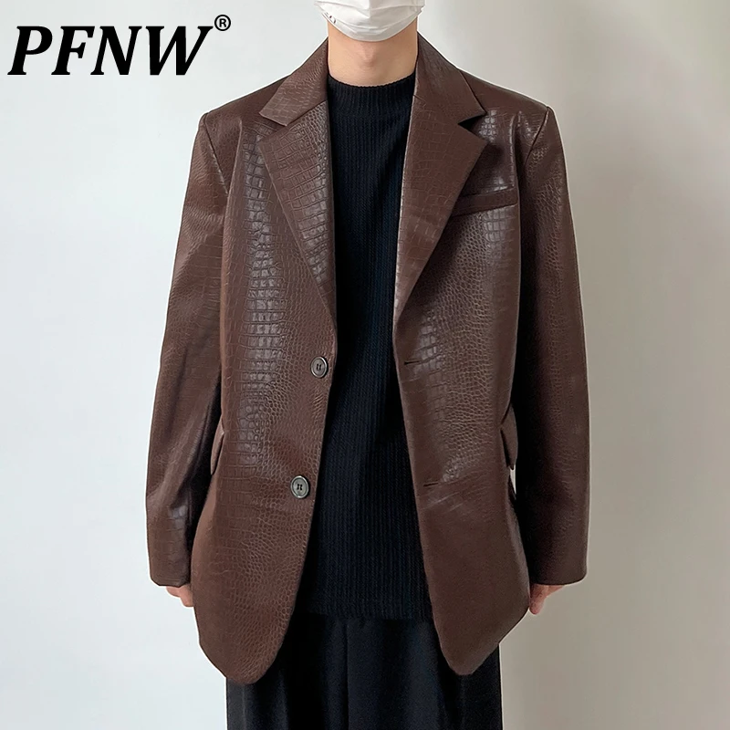 

PFNW весенне-осенний мужской шикарный костюм с наплечниками кожаные куртки темно-синяя одежда однотонное модное красивое пальто с лацканами из искусственной кожи 12A8466