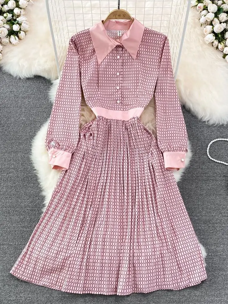 

2022 Summer Spring Fashion Runway Shirt Dresses Women's Long Sleeve Elegant Vintage Plaid Print OL Pleated Midi Vestidos M5691