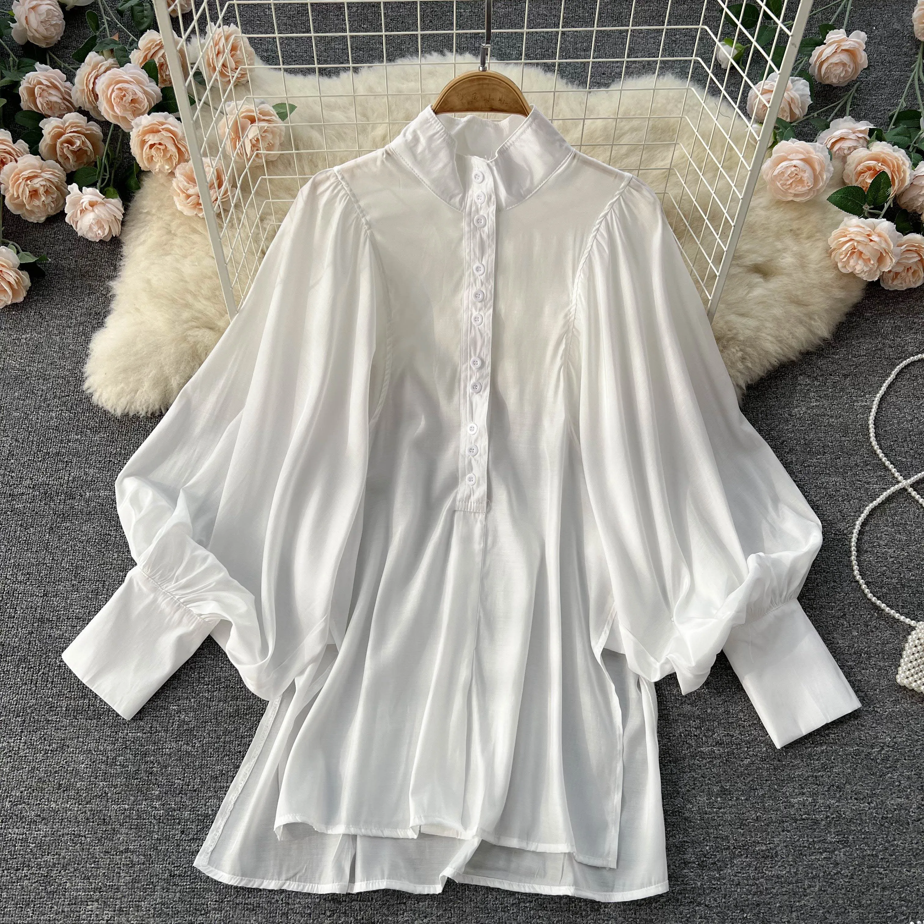 

2022 Spring Fashion Puff Sleeve Loose Solid Shirts Turtleneck Casual Full Womens Tops