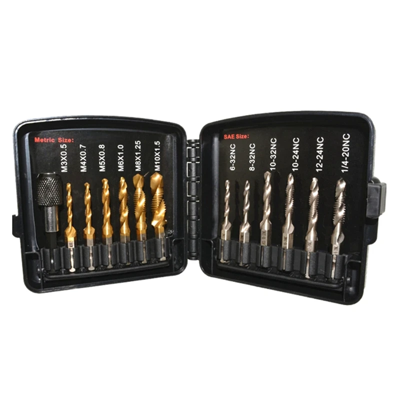 

13 Pieces Of Metric Titanium-&SAE Diamond Hexagonal Handle Composite Tap Center Punch Tap Drill Bit Set