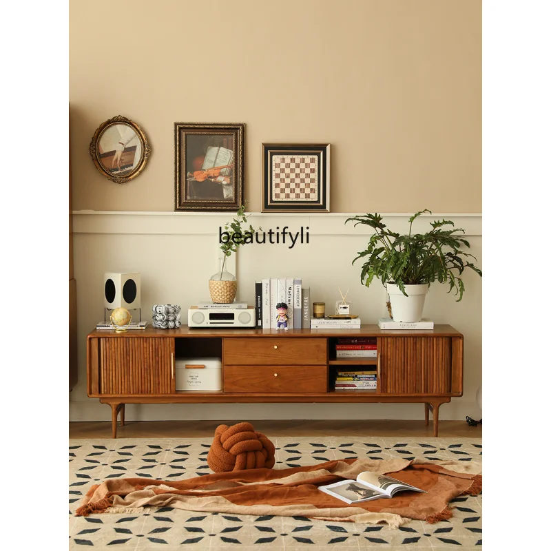 

Solid Wood TV Cabinet French Living Room Rolling Door Low Cabinet Cherrywood Retro Color Assembled Cabinet