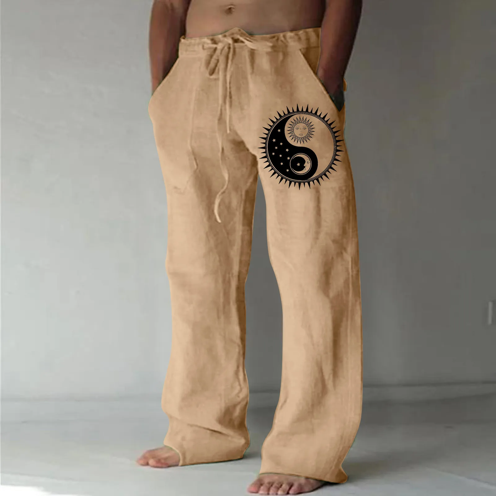 

Mens Fashion Casual Printed Linen Pocket Lace Up Pants Large Size Pants with Memory Mens Lounge Pants Elastic