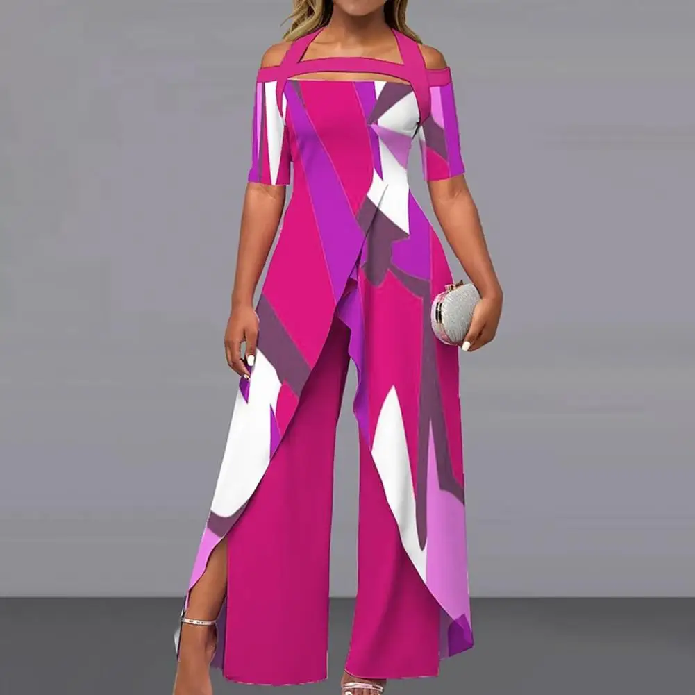 

Women Rompers Patchwork Split Contrast Color Split Jumpsuit Off Shoulder Long Wide Leg Pants Loose Fit Half Sleeve Overalls