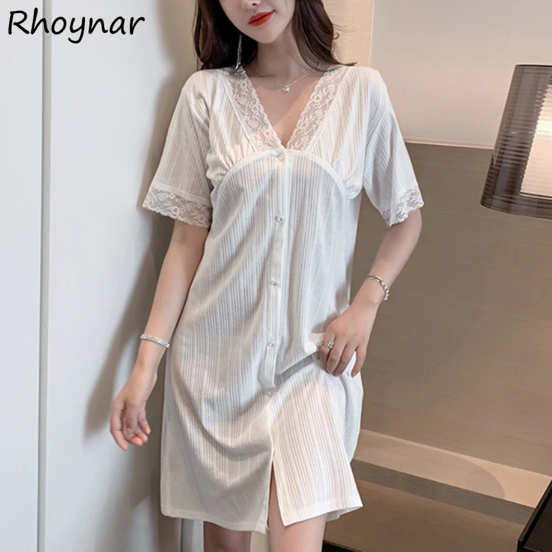 

Nightgowns Women Lace Summer Thin Sexy V-neck Home Office Lady Elegant Fashion Casual Pure Color Simply Chic Popular Gentle Cozy