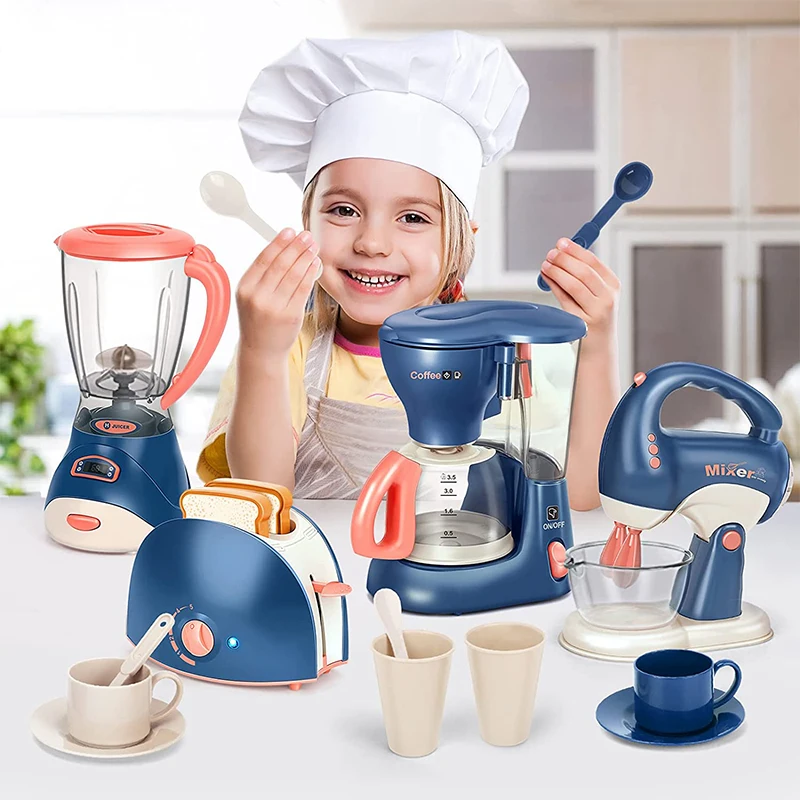 Kitchen Appliances Pretend Play Set with Coffee Maker Blender Mixer and Toaster with Realistic Light and Sound for Kids Gift Toy