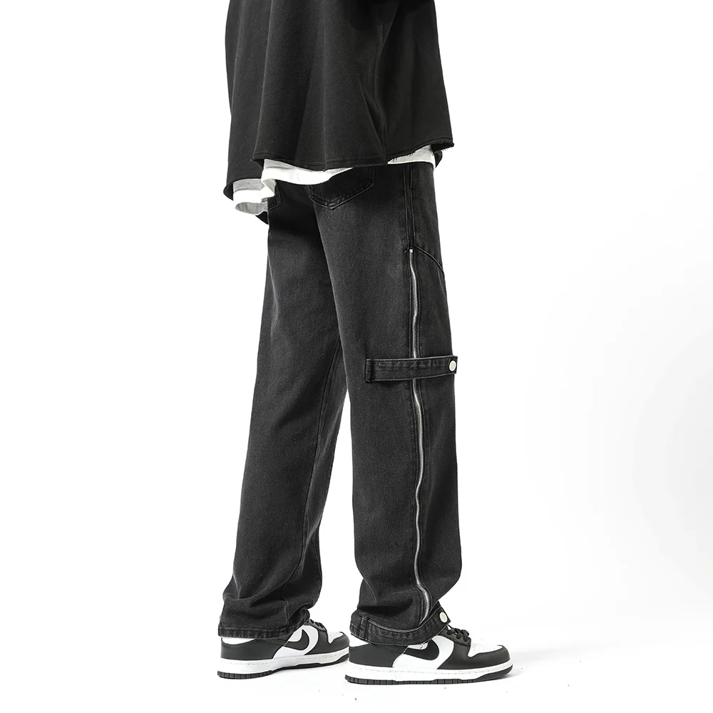 American Vintage Trend Side Zipper Jeans Mens Baggy Fit Wide Leg Cargo Pants Male High Street Hip Hop Y2k Denim Trousers