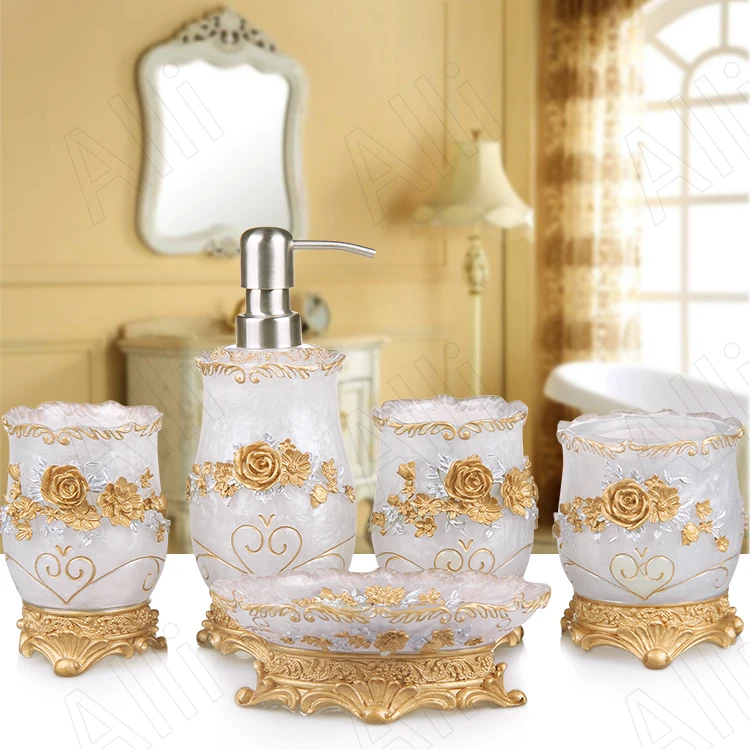

European Resin Bathroom Five Piece Set Creative Rose Relief Soap Bottle Desktop Light Luxury Wash Supplies Bathrooms Accesories
