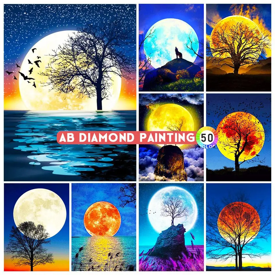 

5D алмазная живопись, пейзаж, луна, квадратная Алмазная мозаика, картина, искусство, вышивка крестиком, набор AB, украшение для дома