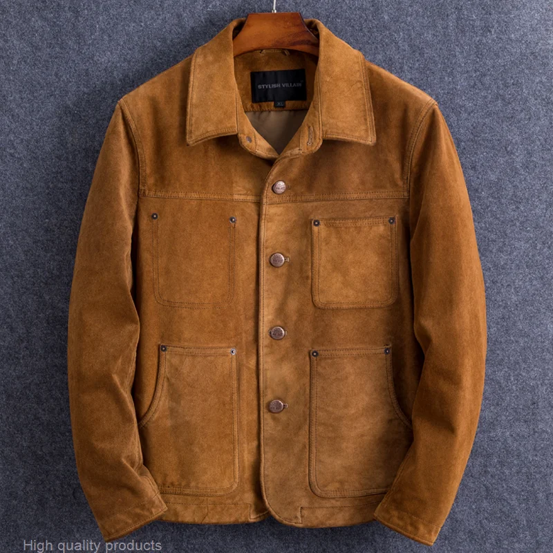 

Мужское замшевое пальто из натуральной воловьей кожи, облегающая куртка, Бесплатная доставка DHL, весна-осень