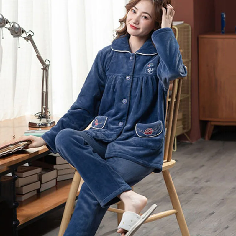 Новый женский Повседневный Пижамный костюм теплый осенне-зимний из кораллового