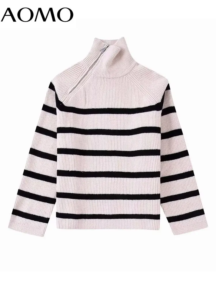 

AOMO Women 2022 Zipper Striped Loose Knit Sweater Vintage High Neck Long Sleeve Female Pullovers BE323A