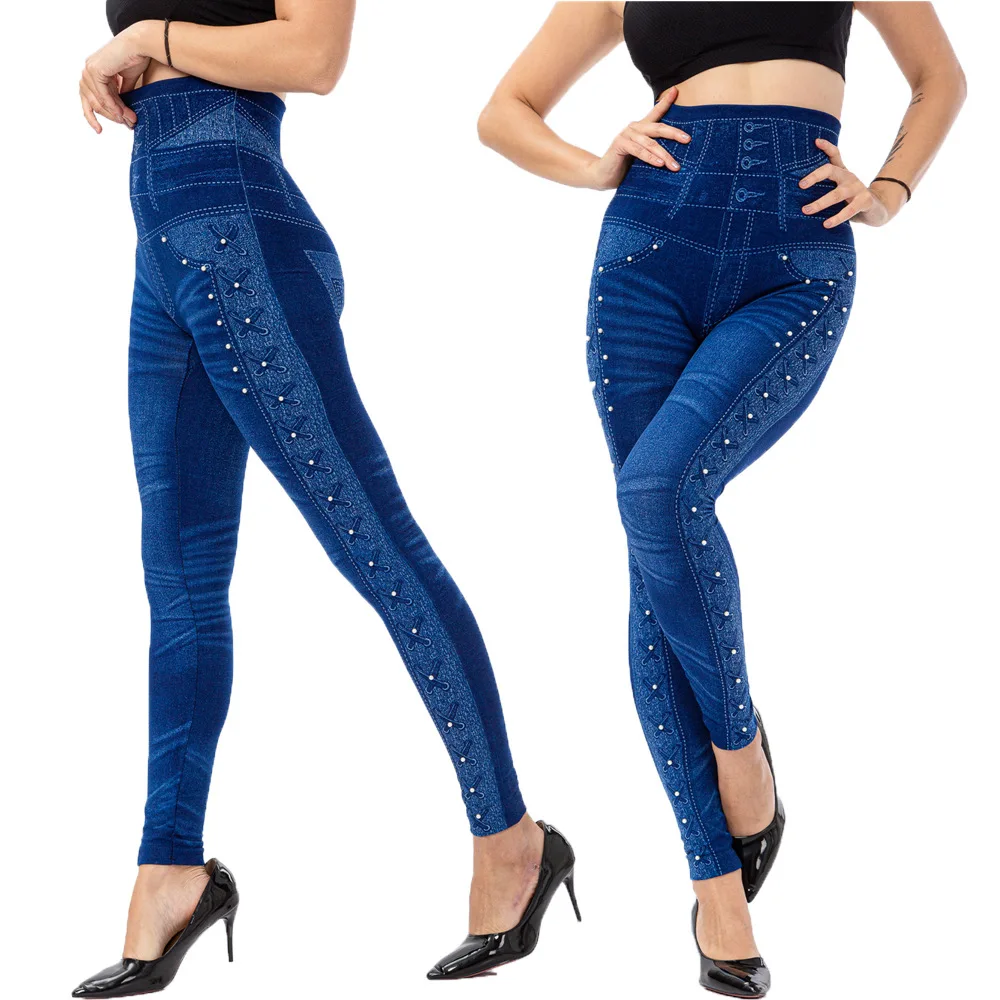 

Leggings Femme Sports Plus Size High Waist Beading Imitation Denim Slim Elastic Seamless Pencil Pant Jean Women Leggings
