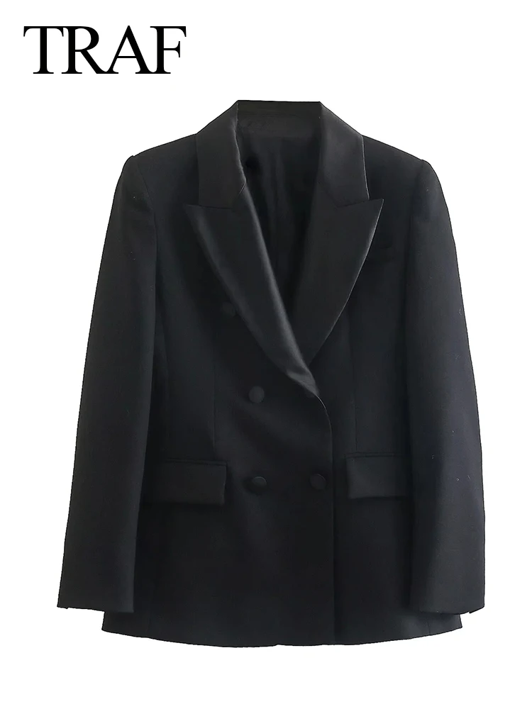 

TRAF 2022 Women Vintage Elegant Long Sleeve Blazer Female Sexy Black Pockets Front Double Breasted Office Wear Coat