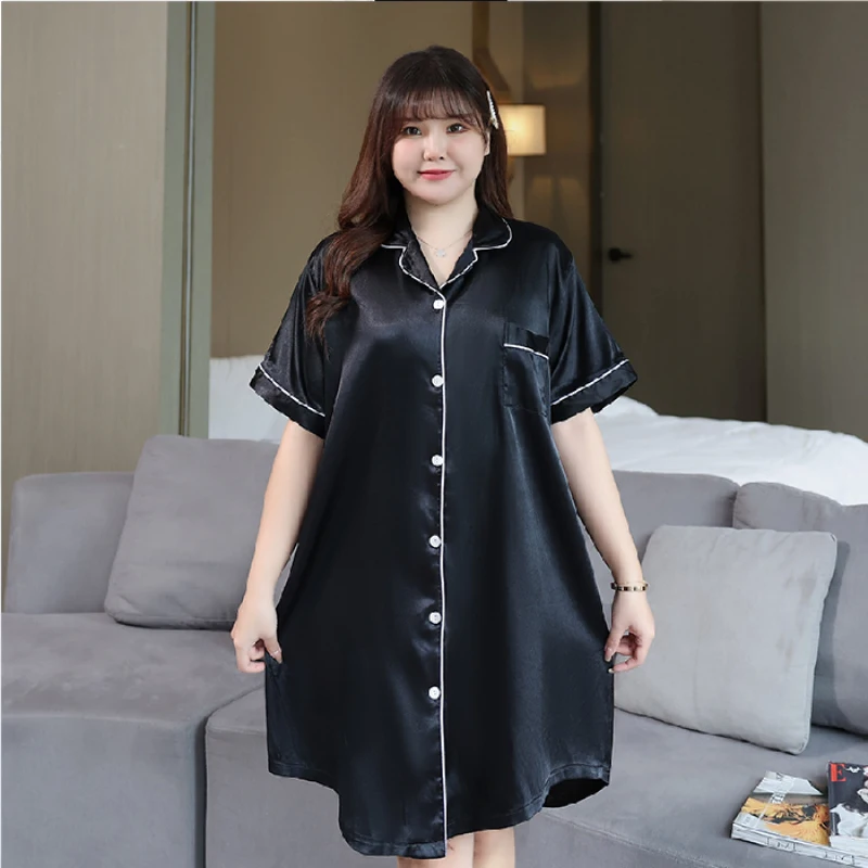Xl-5XL Big Size 150KG Women Stain Sleepwear Night Dress Elegant Nightgown Nightie Home Silk Dress Female Night Shirts Summer New