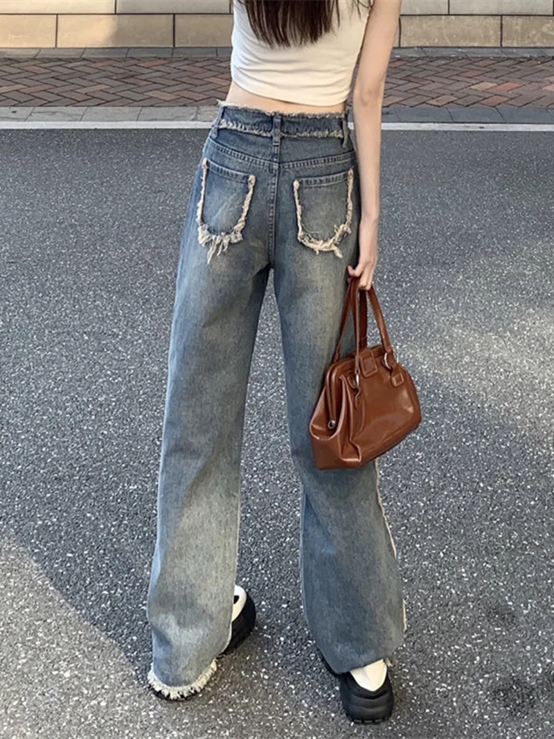 Ins High Waist Straight Slim Fit Jeans Y2k Casual Loose Mopping Denim Trousers Woman Vintage Frayed Wide Leg  Blue Jean Pants