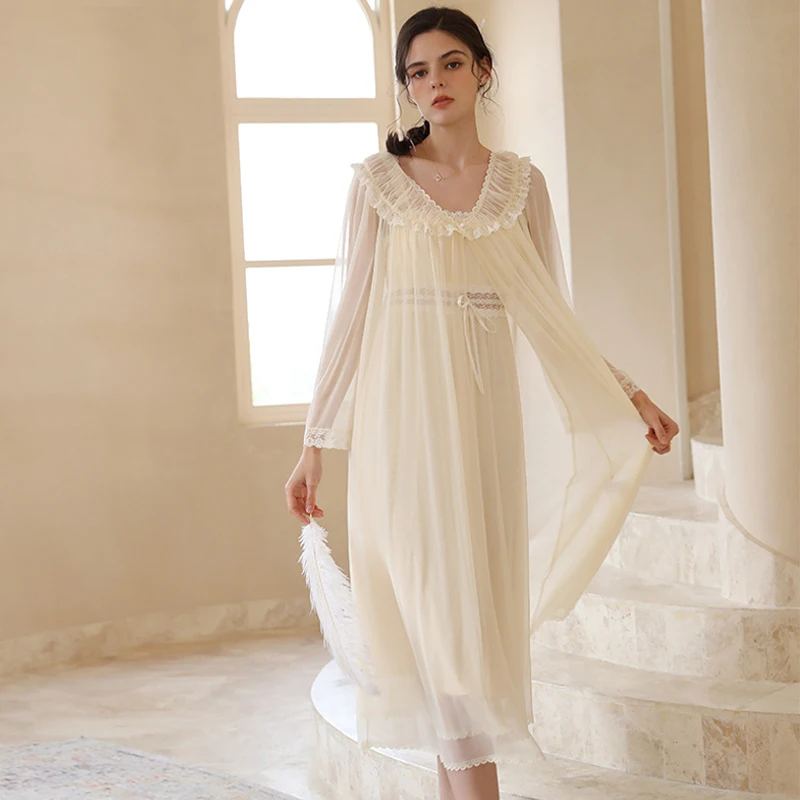 

XIKUO Nightdress Women's Summer Thin Mesh Long Suspenders Two-piece Sweet Princess Spring/summer Pajamas Can Be Worn Out