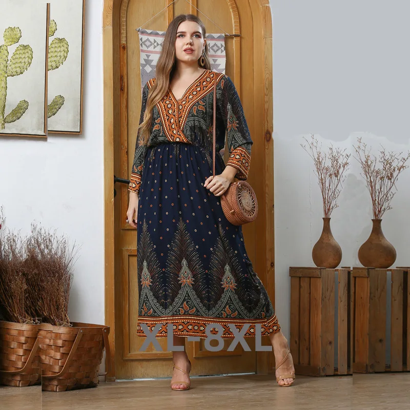 

Plus Size Elegant Long dress Long Sleeve O Neck Print Dresses for Women Female 3xl 4xl 5xl 6xl