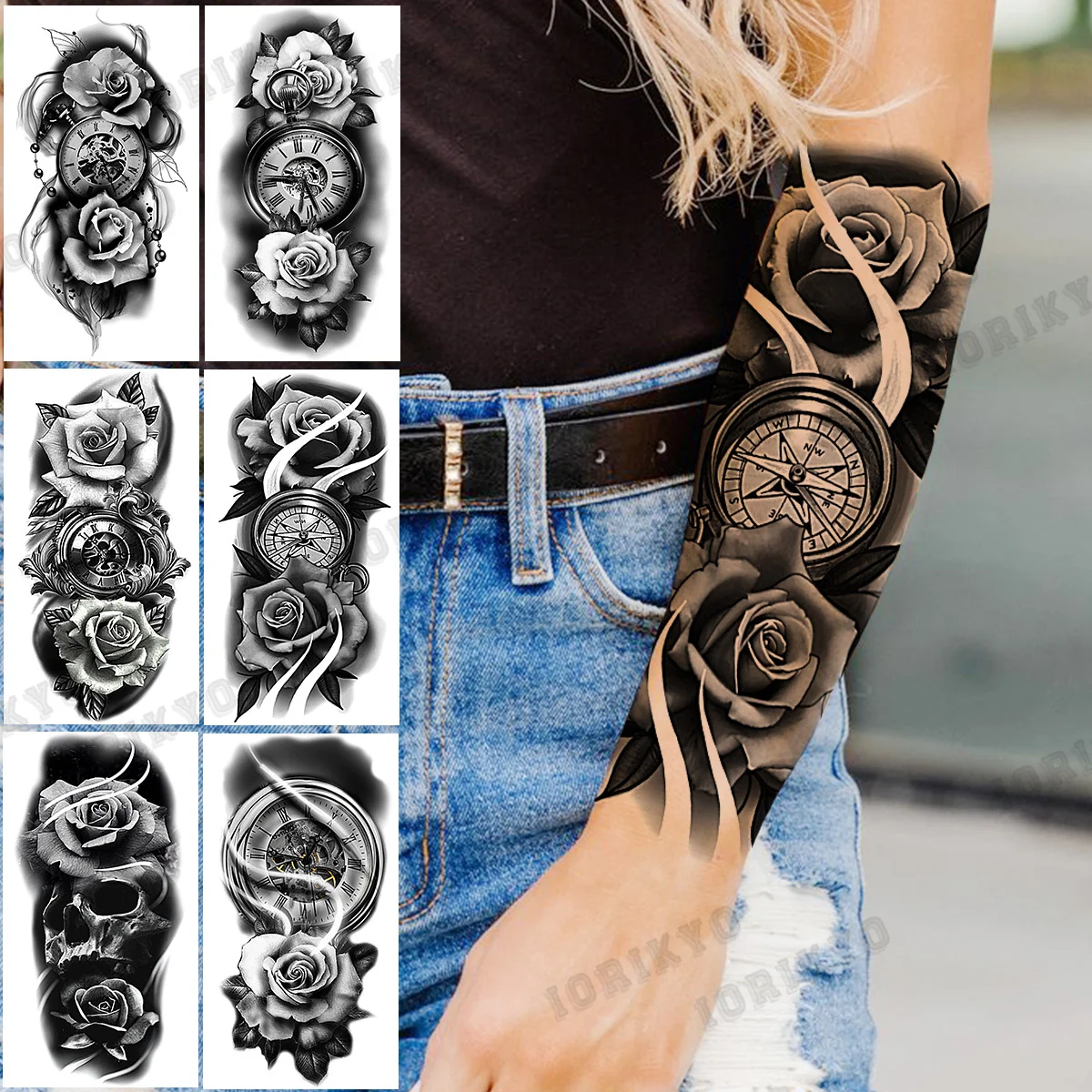 

Realistic Rose Flower Compass Temporary Tattoos For Women Adult Girl Skull Fake Tattoo Sticker Realistic Body Art Tatoos Paper