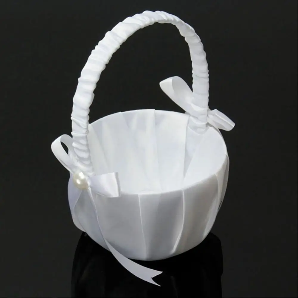 

Romantic Basket White Satin Bowknot Pearl Flower Girl Wedding Party Decoration