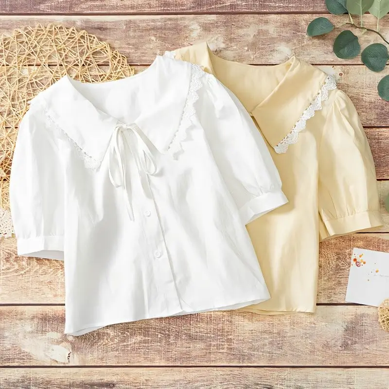

Hikigawa Chic Fashion Women Sweet Lace-Up Peter Pan Collar Puff Short Sleeve Lace Patchwork Shirtrs Casual Blouse Tops Mujer