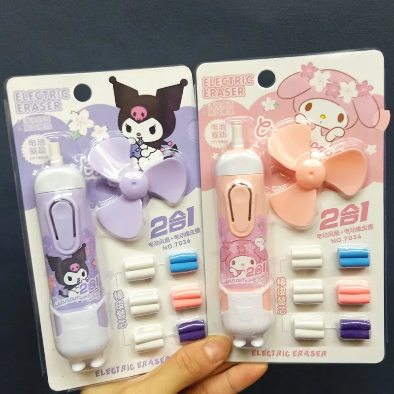 

24pcs New Sanrio Electric Eraser Fan 2-in-1 Kuromi My Melody Anime Cartoon Portable Rubber Summer Fan Student Stationery Gifts