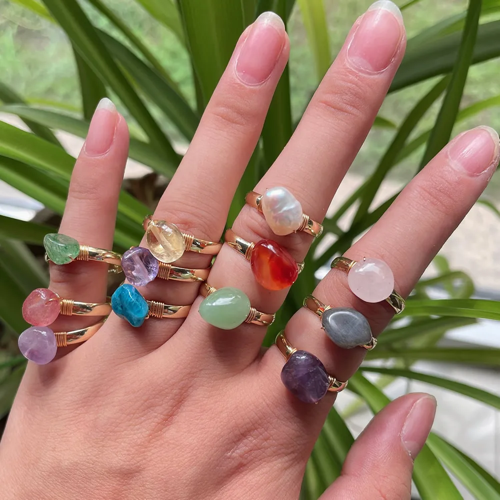 Женские регулируемые кольца с натуральным кристаллом золотистые Агаты