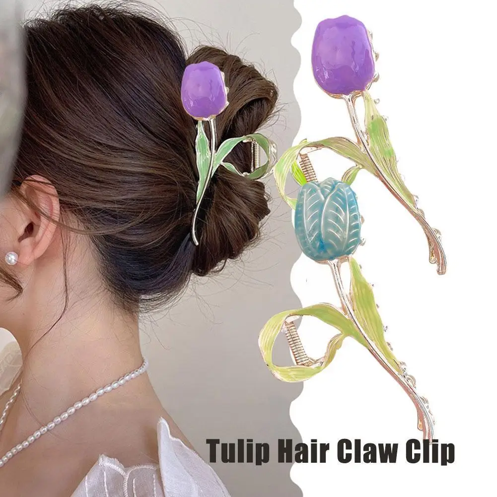 

New Tulip Hair Claw Flower grace Shark Clip Headdress Vintage Ponytail Claw Clip Trendy sweet HAIR CLIP FOR GIRL Hair Jewel C2F6