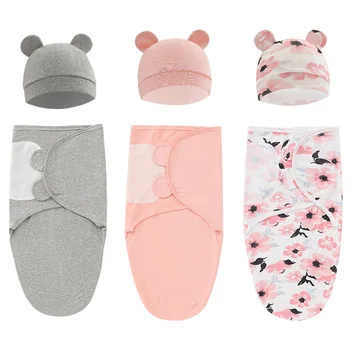 2PCS Cotton Newborn Sleepsack Baby Swaddle Blanket Wrap Hat Set Infant Adjustable New Born Sleeping Bag Muslin Blankets 0-6M 1