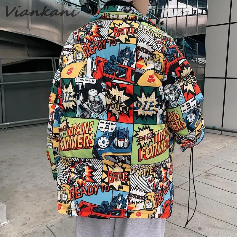2022 Hip Hop Winter Men Parkas Casual Oversized Warm Korean Streetwear Cartoon Print Coat Fashion Thicken Zipper Mens Jackets