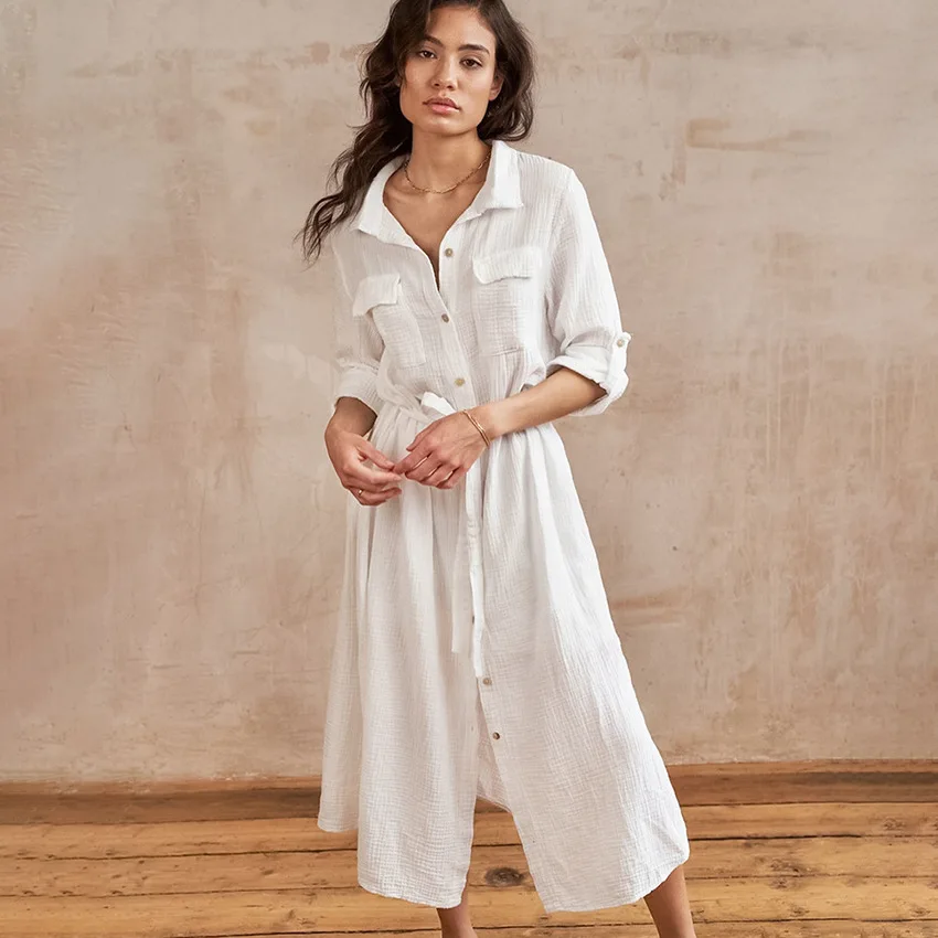 

Women Sleepshirt Nightgown Loose Casual Lounge Sleepwear Home Clothing Solid Color Lapel Homewear Long Sleeve Loungewear