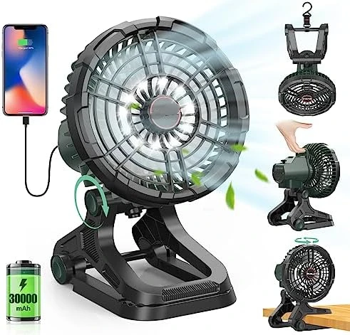 

Rechargeable Camping Fan with LED Lantern, Portable Battery Operated Fan 360° Oscillating Outdoor Fan, Quiet Battery Powered US