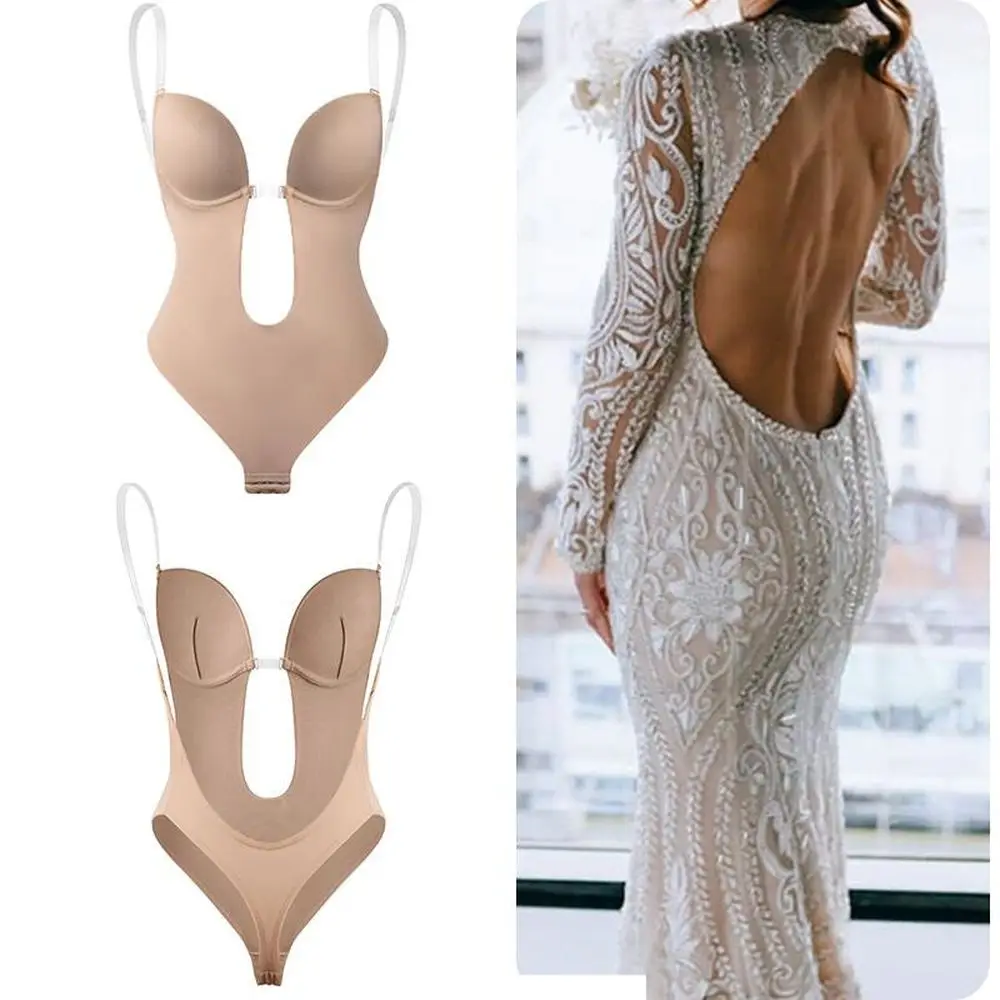 

Push Up Women Bodysuit Sexy Shapewear Backless Underwear Deep V-Neck Lingerie Clear Strap U Plunge Bra Thong Shaper Corset
