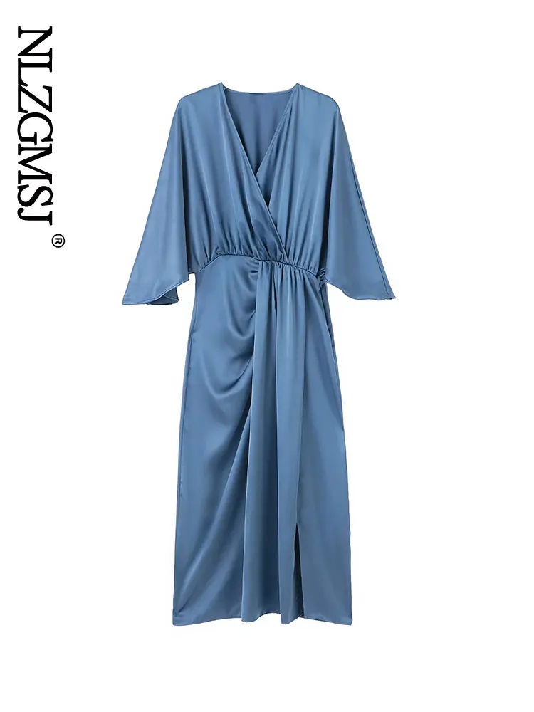 

Nlzgmsj 2022 Spring Summer Elegant Women Dress Chic V-neck Cross Slim Waist Loose Long Sleeve Dresses Solid Femme 202209