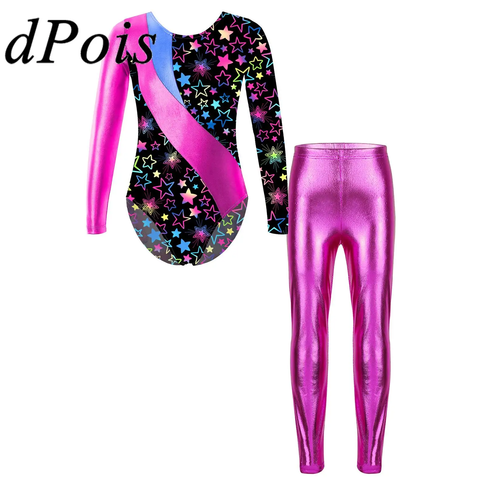

Kids Girls Long Sleeve Printed Ballet Leotards with Leggings Skating Gymnastics Jumpsuit for Girl Children Ballet Dance Outfits