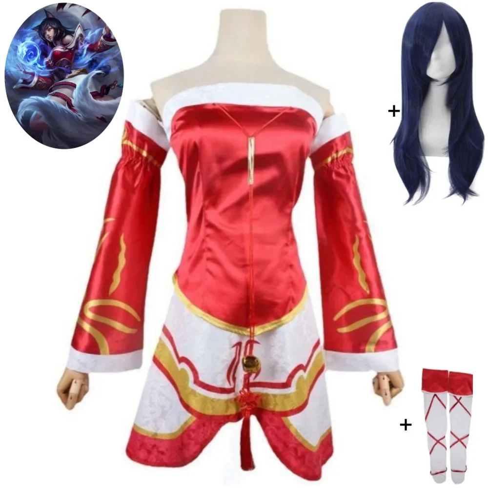 

Game LOL Ahri The Nine-Tailed Fox Cosplay Costume Wig Anime Sexy Woman Red Dress Hallowen Carnival Party Kimono Uniform Suit