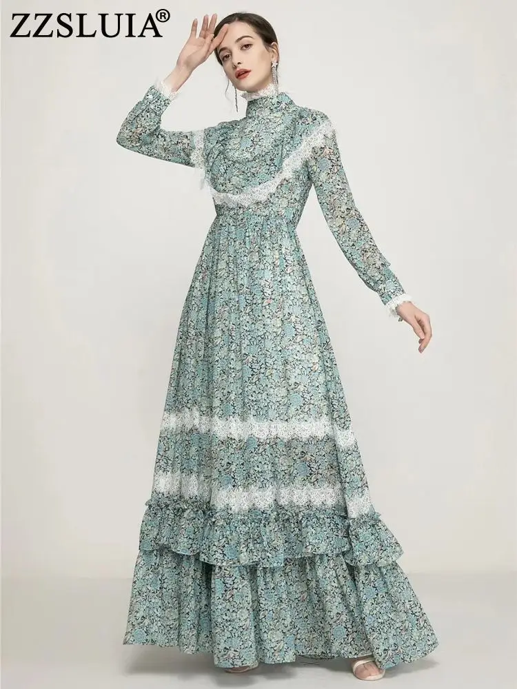 

ZZSLUIA Maxi Long Dresses For Women Printed Lace Ruffles Designer Slim Elegant Dress Fashion Long Sleeve One Piece Female Cloth