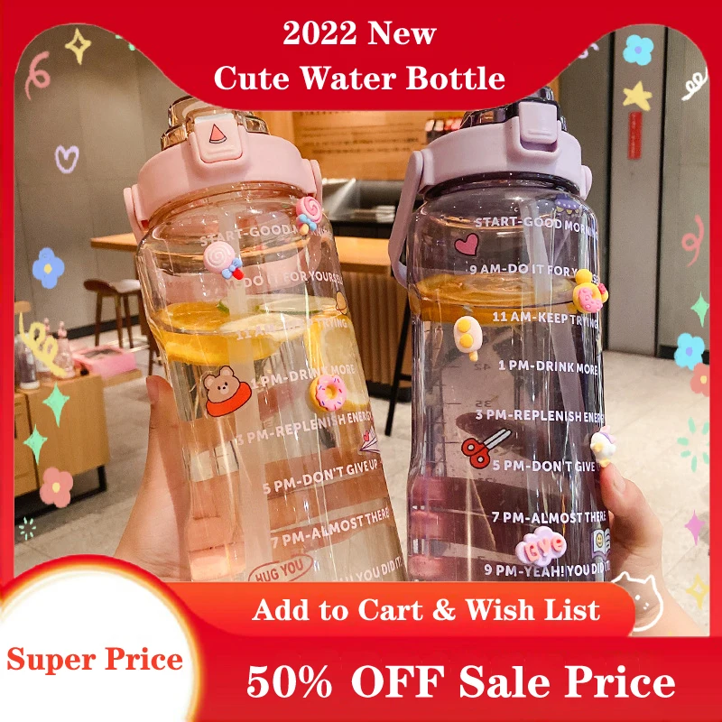 Bonita botella de agua de 2 litros con pajita, nueva botella deportiva grande con escala, botella motivacional para niña, pegatinas DIY, taza, envío gratis, 2022