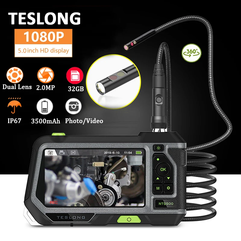 

TESLONG NTS500 5.0" LCD Screen 5.5mm Dual Lens Endoscope Camera HD 1080P Digital Videoscope Pipe Car Inspection Borescope