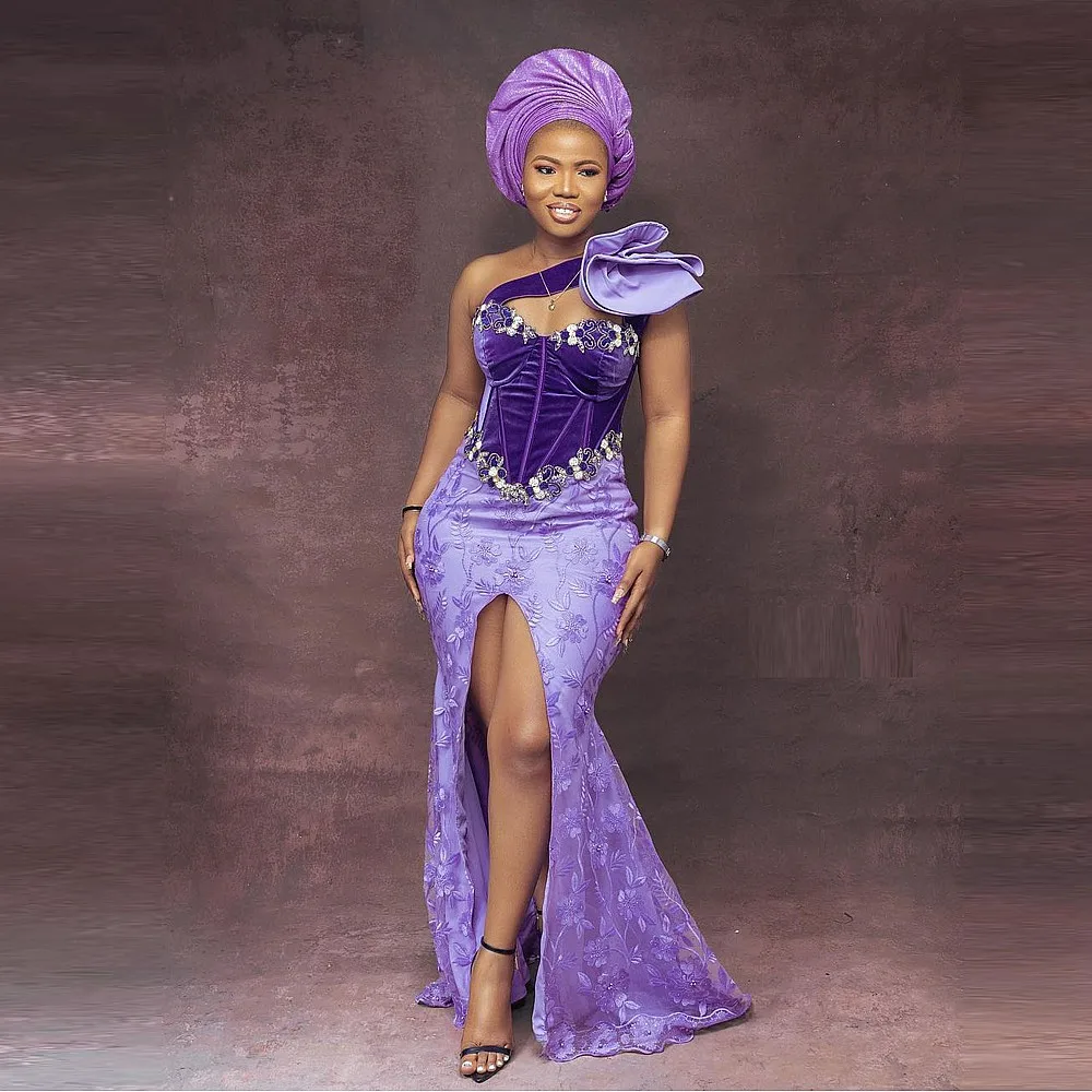 

Light Purple One Shoulder Prom Dresses One Shoulder Ruffles Beads Pearls Front Split Sexy Evening Gowns African Wmen Party Dress
