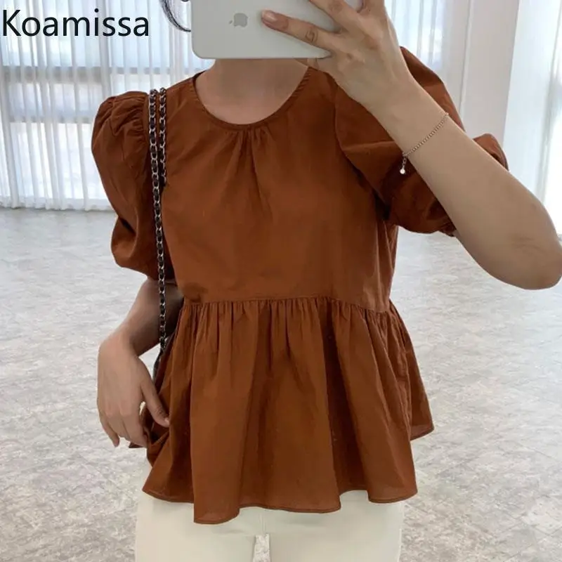 

Koamissa Fashion Pleated Summer Women Blouse Casual Loose Solid Short Sleeves Shirt Korean All Match Blusas Chic Cropped Tops