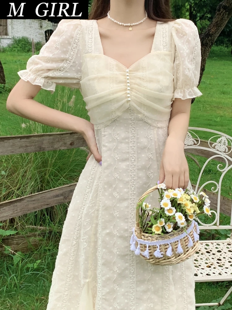 

Vinatge Sweet French Midi Dresses Women Casual Short Sleeve Beading Chiffon Dress Elegant Female Party One Piece Dress Korean