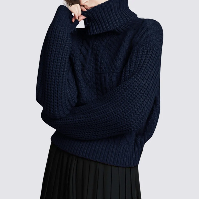 2022 New In French Style Women Hoodies Navy Wool Turtleneck Jumper Autumn Winter Warm Fashion Sweater Casual Knitted Blouse