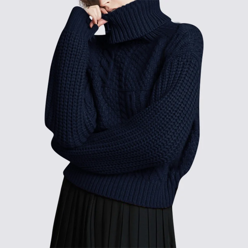 

2022 New In French Style Women Hoodies Navy Wool Turtleneck Jumper Autumn Winter Warm Fashion Sweater Casual Knitted Blouse