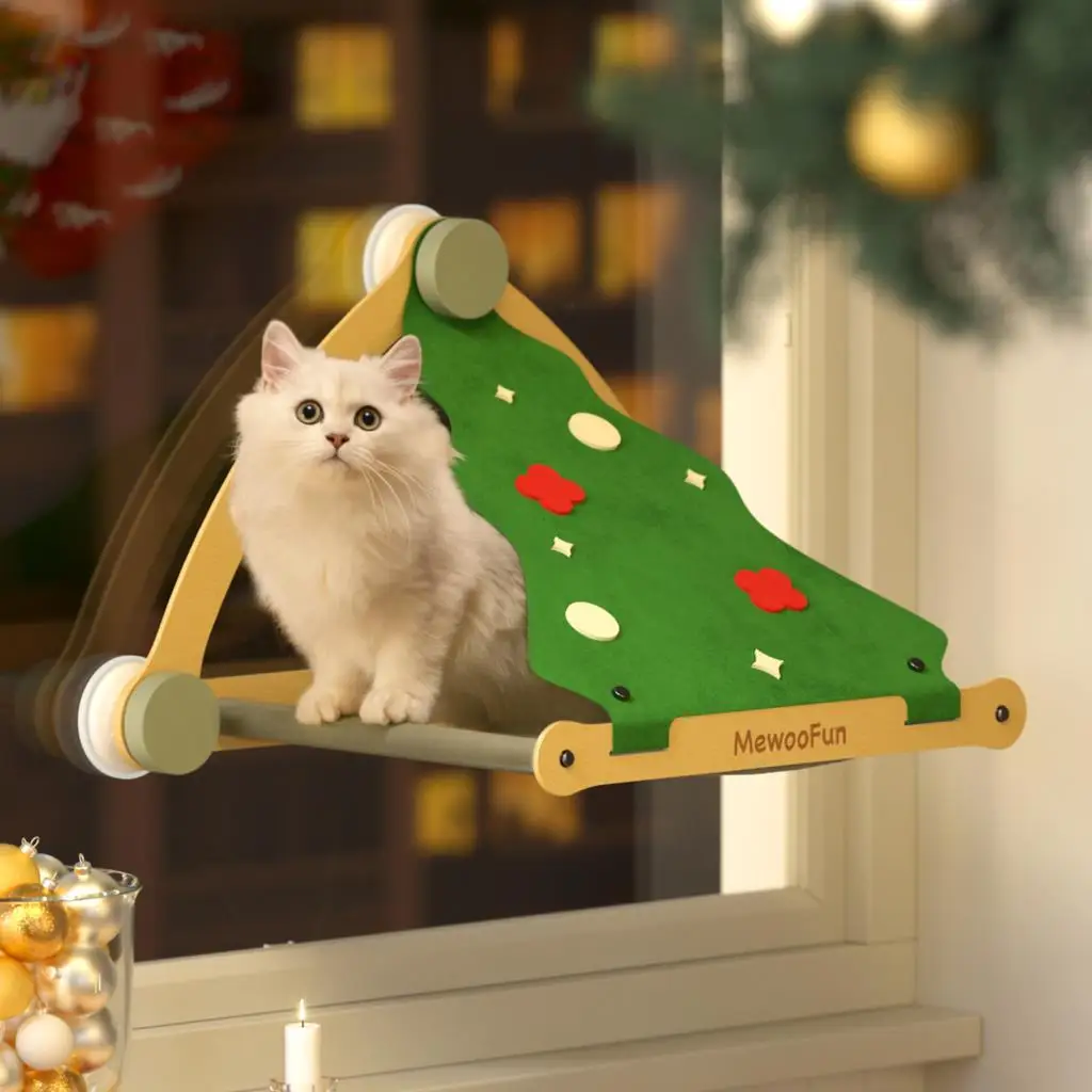 

Mewoofun Cat Window Perch 4 Color Wooden Assembly Hanging Bed Cotton Canvas Easy Washable Multi-Ply Plywood Xmas Snowwhite Versi