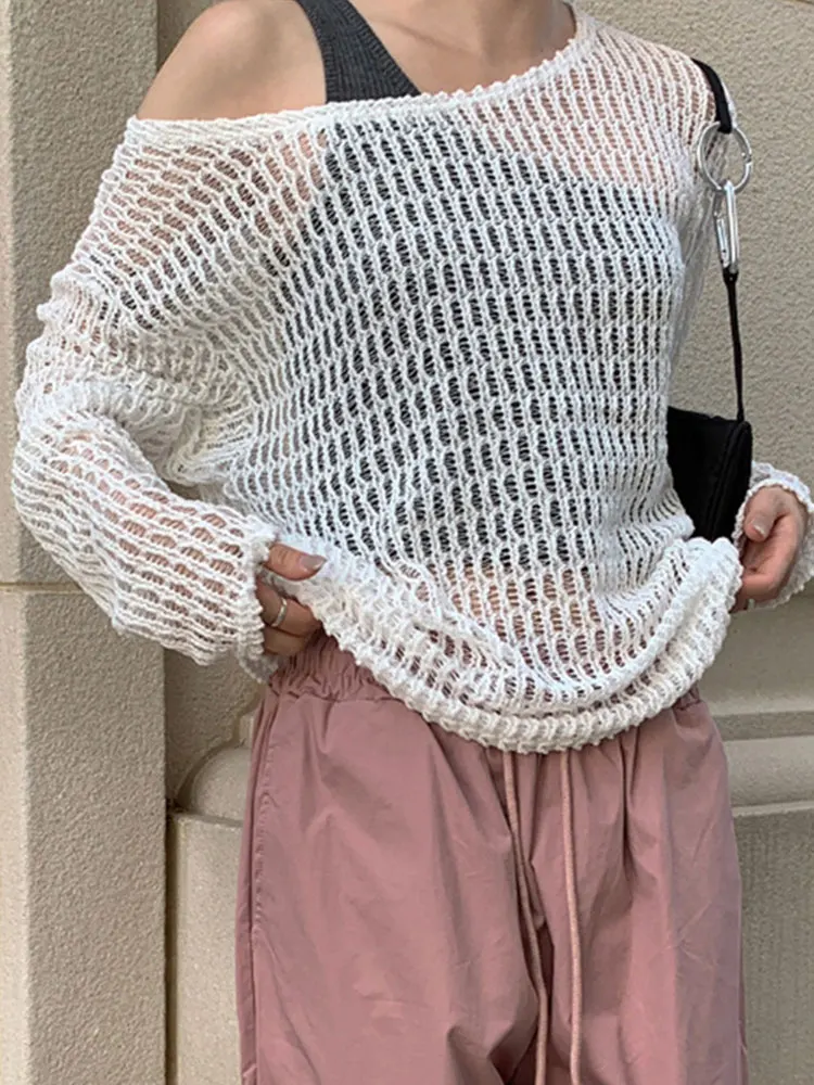 

Sexy Hollow Out Diagonal Shoulder Women's Tshirt See Through Long Sleeve Pullovers Female 2023 Fashion Lady Streetwear Cover Up