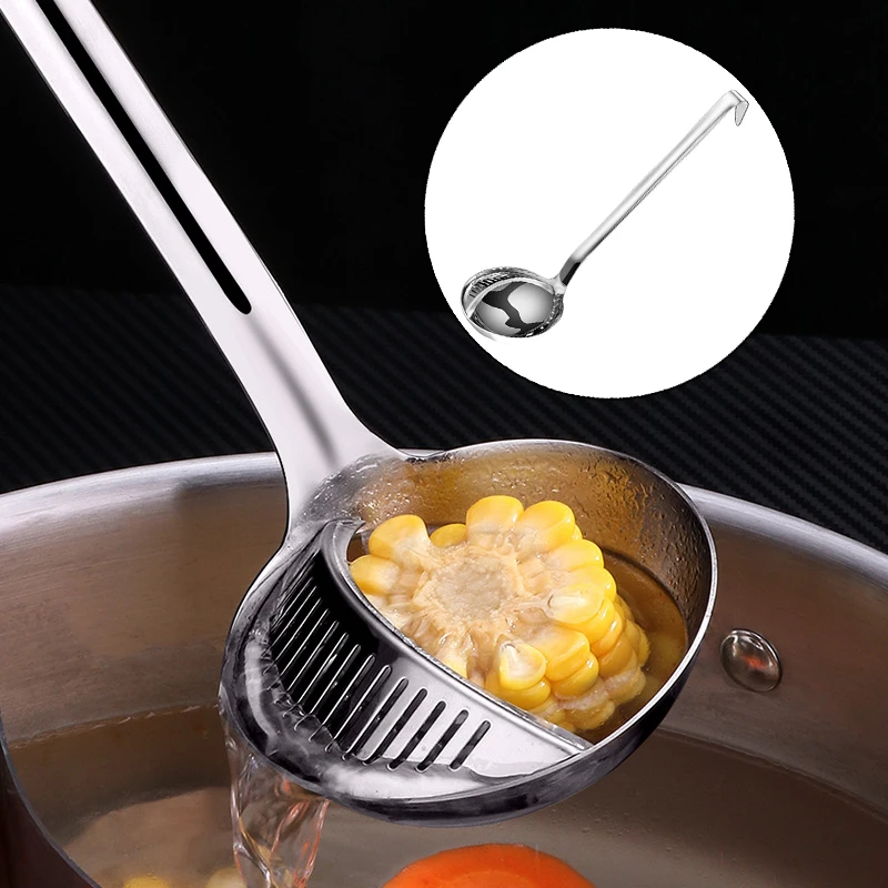 

2 in 1 Long Handle Soup Spoon Home Strainer Cooking Colander Kitchen Scoop Stainless Steel Ladle Tableware Kitchen Gadgets