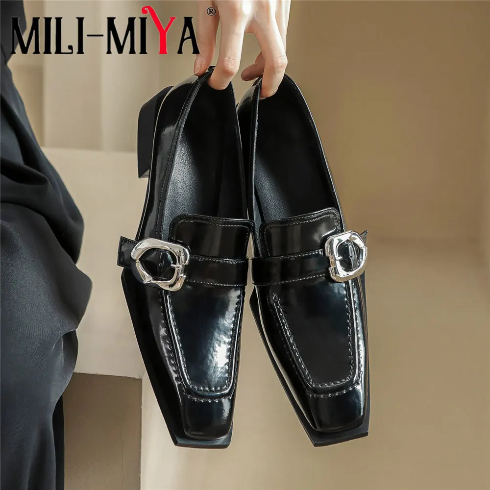 

MILI-MIYA New Arrival Women Cow Leather Pumps Square Toe Thick Heels Slip On Solid Color Classic Style Spring Autumn Shoes