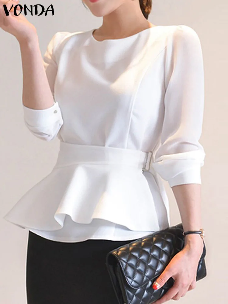 

VONDA Women Elegant Long Sleeve Blouse 2022 Casaul Round Neck Shirts Sexy Lace Blouse Beach Tops Femme Blusas Femininas Oversize